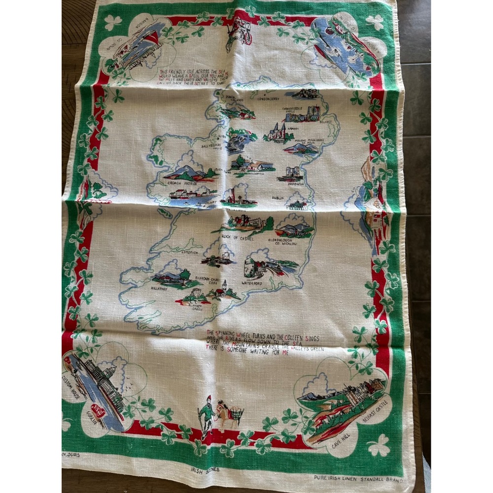 Vintage Pure Irish Linen Tea Towel Map of Ireland Souvenir, Mid-Century - Picture 1 of 4